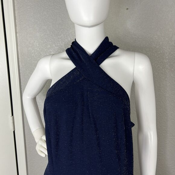 Tahari ASL Size 16 Formal Gown Navy Metallic Sparkle Sleeveless Long Maxi - Picture 6 of 9